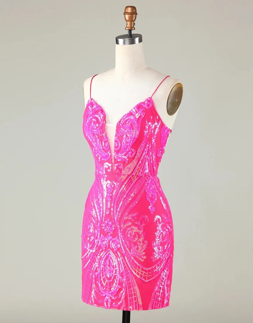 Sparkly Spaghetti Straps Tight Sequins Homecoming Dress